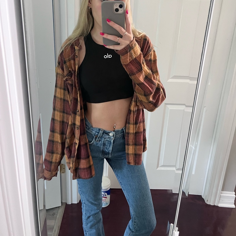 Women's orange Plaid Shirt flannel button up shirt